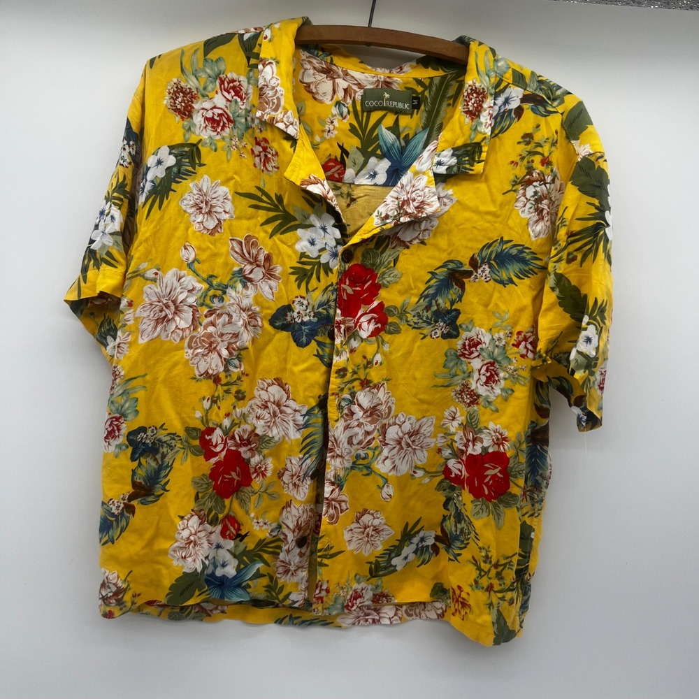 Coco Republic Yellow Tropical Floral Short Sleeve Button Down Shirt Womens‎ M
